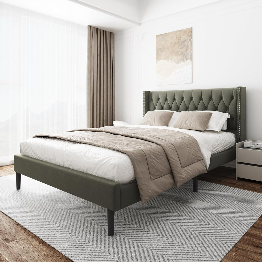 HAOARA Queen Size Bed Frame, Upholstered Platform Bed with Wingback Headboard, Velvet Button Tufted, Easy Assembly, No Box Spring Needed, Green