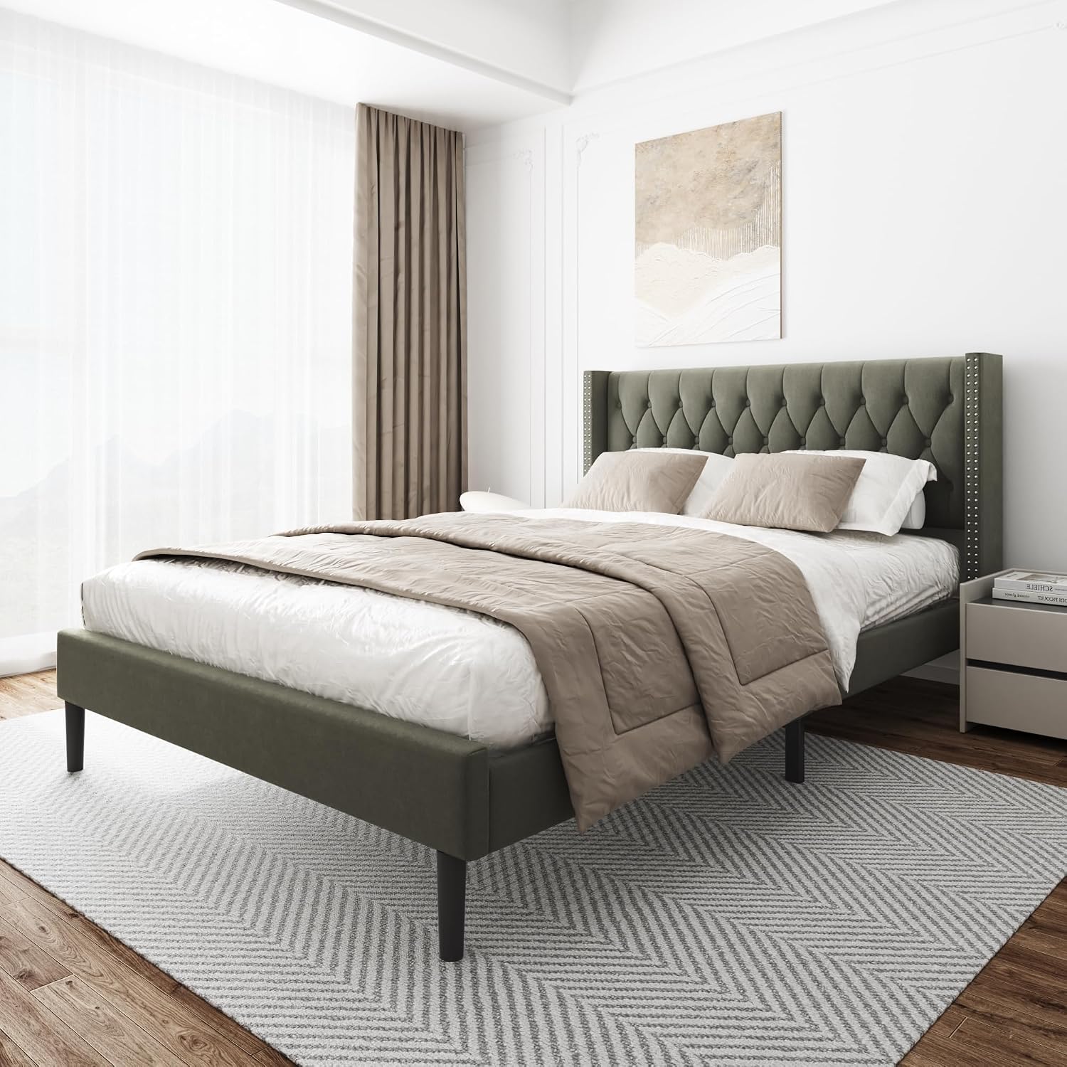 HAOARA Queen Size Bed Frame, Upholstered Platform Bed with Wingback Headboard, Velvet Button Tufted, Easy Assembly, No Box Spring Needed, Green