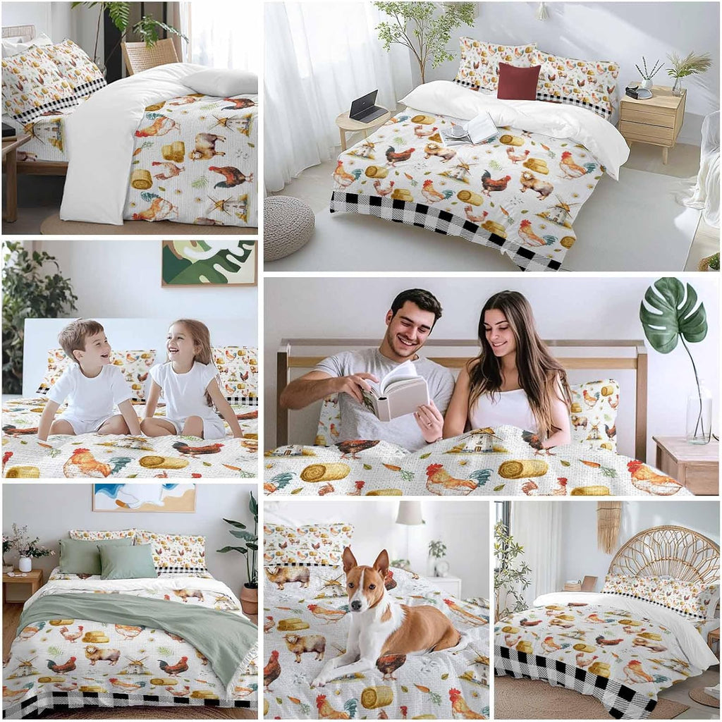 Farm Animal Duvet Cover Set Queen Size 4 Pieces Farmhouse Red Barn Sheep Pigs Rooster Country Black Plaid Bedding Set with Zipper Closure, 1 Comforter Cover 86x86 Inches 1 Flat Sheet & 2 Pillow Cases