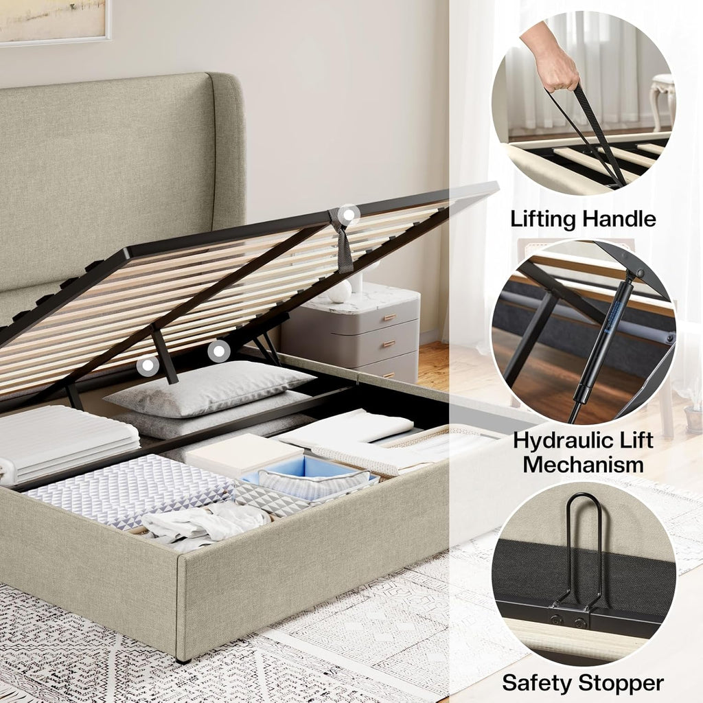 Jocisland Queeen Size Upholstered Platform Bed Frame with Hydraulic Lift Storage, Wingback Headboard, Wood Slats Support, No Box Spring Needed, Linen Off Khaki