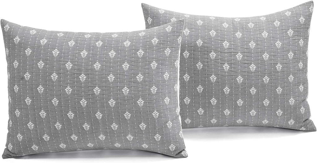 Lush Decor Hygge Kantha Pick Stitch Yarn Dyed Cotton Jacquard 3 Piece Quilt/Coverlet Set, Full/Queen, Gray & Off-White