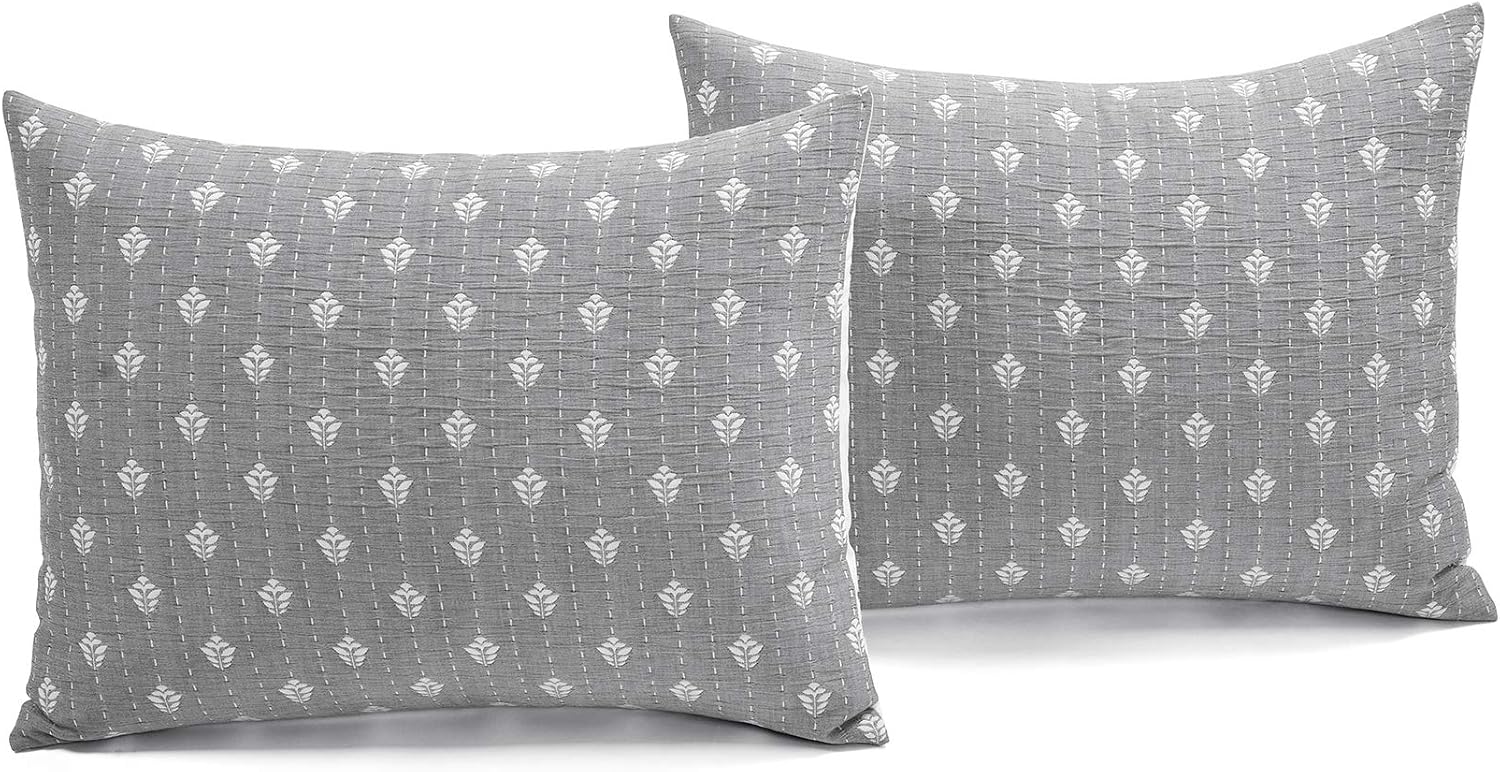 Lush Decor Hygge Kantha Pick Stitch Yarn Dyed Cotton Jacquard 3 Piece Quilt/Coverlet Set, Full/Queen, Gray & Off-White