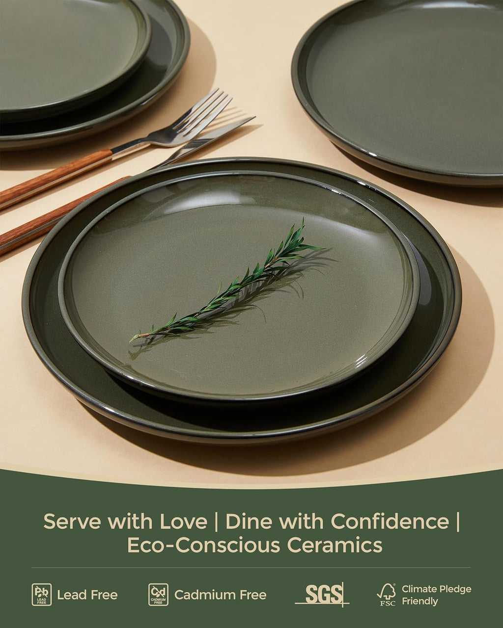Pokini 18 Piece Dinnerware Set for 6, Reactive Glaze Terracotta Plates and Bowls Set, Large Family-Sized Stoneware Dish Set for Gatherings, Chip and Scratch Resistant, Blackish Green