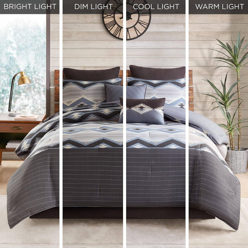 Woolrich King Comforter Set, Southwestern Aztec 8 Piece Bedding Set, Oversized All Season Down Alternative Comforter with Shams, Euro Shams, Decorative Pillows & Bedskirt, Rustic Cabin, Blue