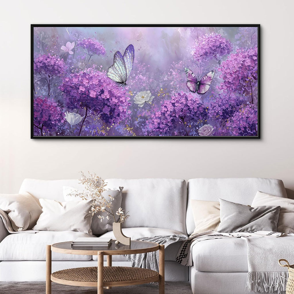 yiijeah Purple Wall Art Bedroom Canvas Lavender Bathroom Decor Butterfly Picture Items for Women Framed Artwork Print 58x29 Inches