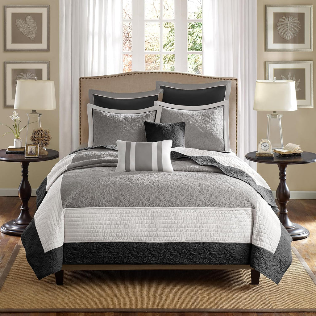 Madison Park Attingham Reversible Quilt Set - All Season Breathable Coverlet, Lightweight Cozy Bedding Layers, Matching Shams, King/Cal King(104'x94'), Black Multi 7 Piece