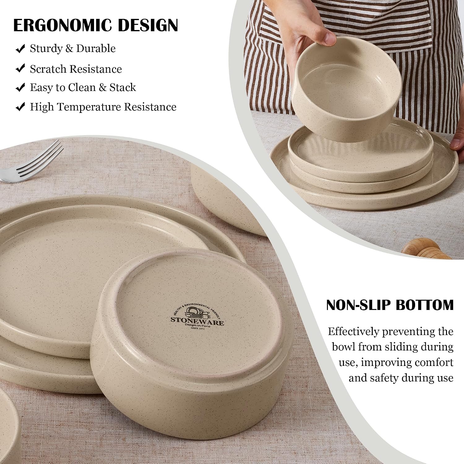 E-far Dinnerware Sets for 8, 24-Piece Stoneware Plates and Bowls Dish Set, Modern Kitchen Dinning Dishware, Chip and Scratch Resistant, Microwave & Dishwasher Safe, Speckled Khaki