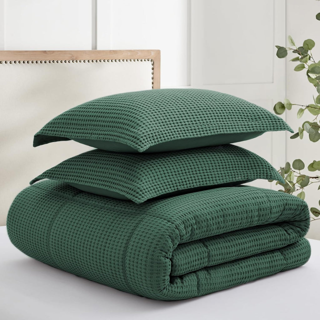 Levtex Home Mills Waffle Full/Queen Comforter Set (90x94in) with 2 Pillow Shams (26x20in) - Forest Green - 100% Cotton Full/Queen Size Comforter Set - Soft, Pre-Washed