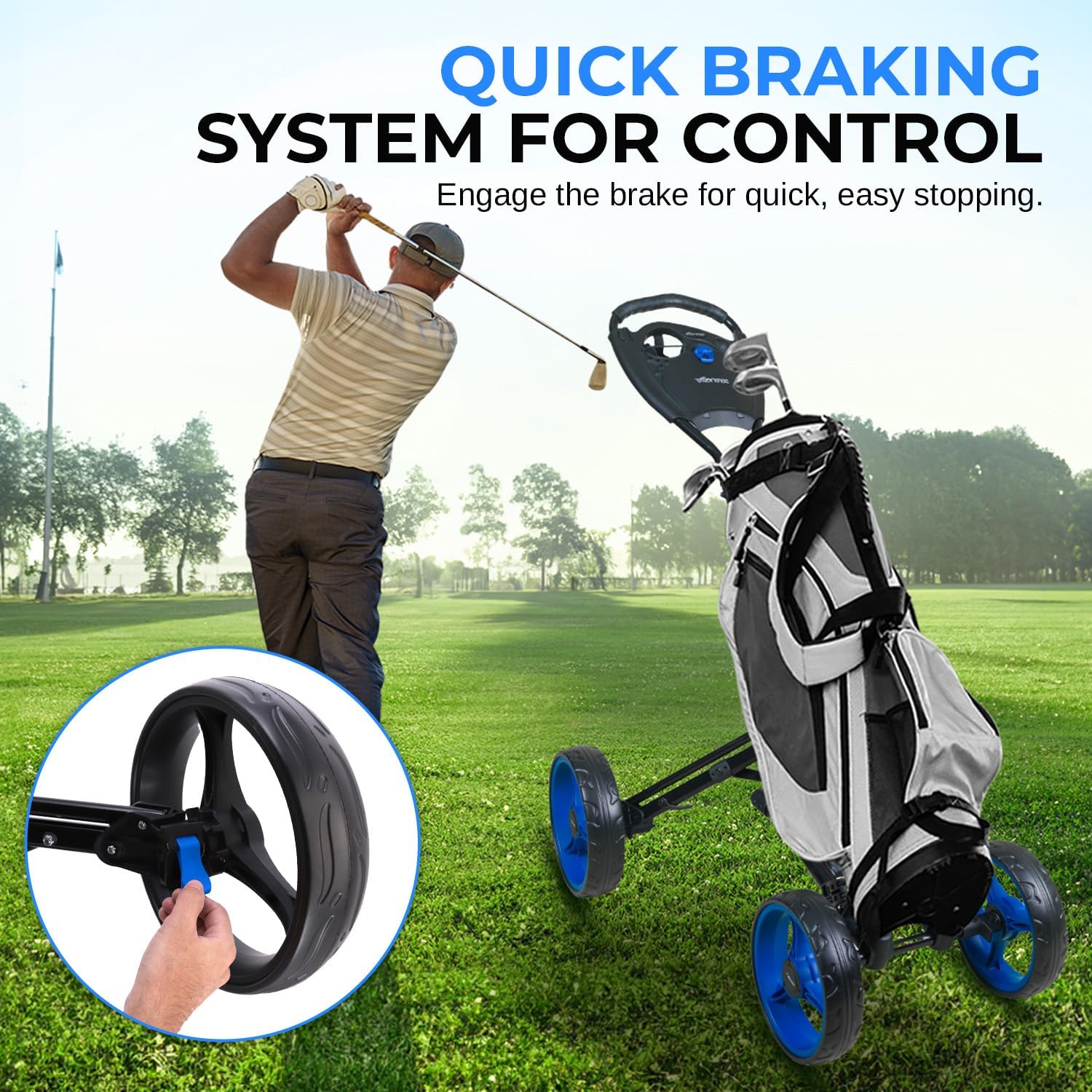 SereneLife Golf Cart Lightweight Foldable Golf Push Cart - Aluminum Folding Trolley with Adjustable Handle, Elastic Bag Straps, Dual Brakes, Scorecard & Cup Holders for Easy Maneuverability