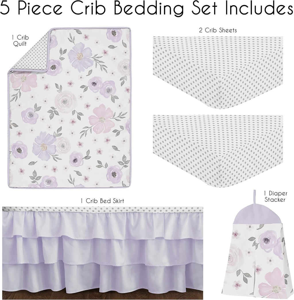 Sweet Jojo Designs 5-Piece Baby Crib Bedding Set (Purple Boho Floral) for Girls, Infants/Nursery incl. Blanket, Fitted Sheet & Crib Skirt (Lavender, Bohemian Shabby Chic, Flower, Farmhouse, Polka Dot)