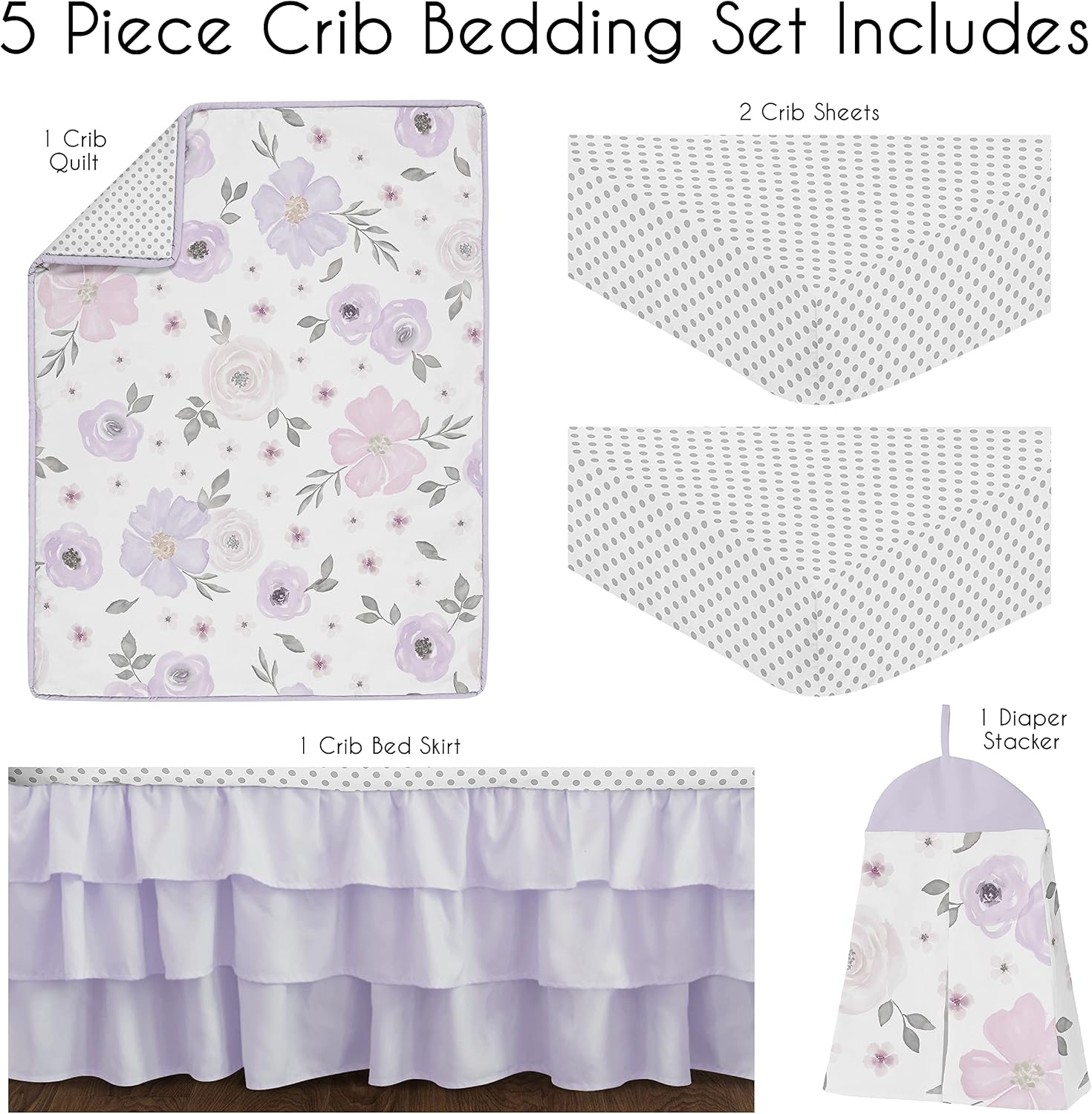 Sweet Jojo Designs 5-Piece Baby Crib Bedding Set (Purple Boho Floral) for Girls, Infants/Nursery incl. Blanket, Fitted Sheet & Crib Skirt (Lavender, Bohemian Shabby Chic, Flower, Farmhouse, Polka Dot)