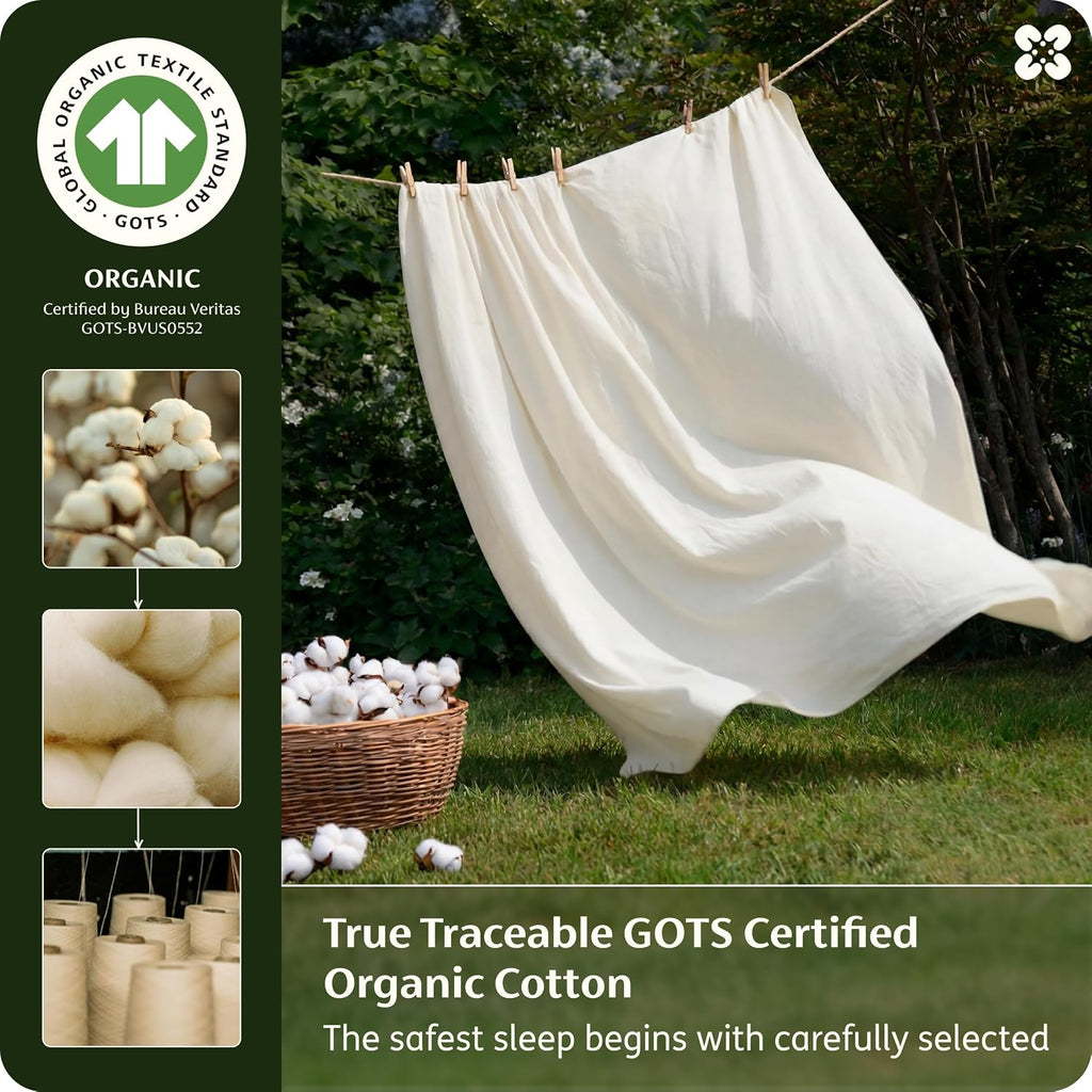 Bedsure 100% GOTS Certified Organic Cotton Sheets, King Size Sheets Set, 17' Deep Pocket Bedsheets with Corner Straps, Eco-Friendly, Soft, Breathable & Luxury PureWoven Cotton Hotel Bedding, Ivory