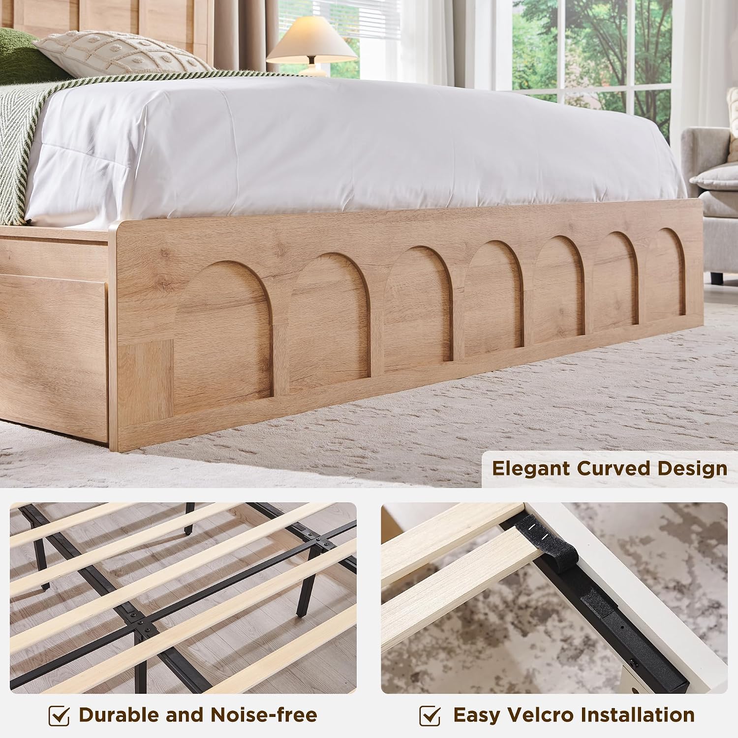 ACCOHOHO Modern King Size Bed Frame with 4 Drawers, 51' Tall Arched Recessed Headboard, Solid Wood Slats Support, Noise Free, No Box Spring Needed, Wood Platform, Natural Oak