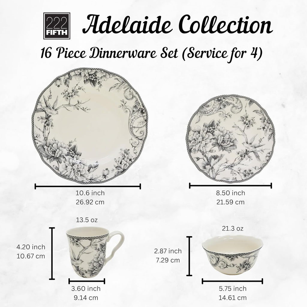 222 Fifth Adelaide 16-Piece Casual Grey Porcelain Dinnerware Set – Service for 4, Classic Toile Bird & Floral Design, Microwave & Dishwasher Safe, for Everyday Dining & Entertainment