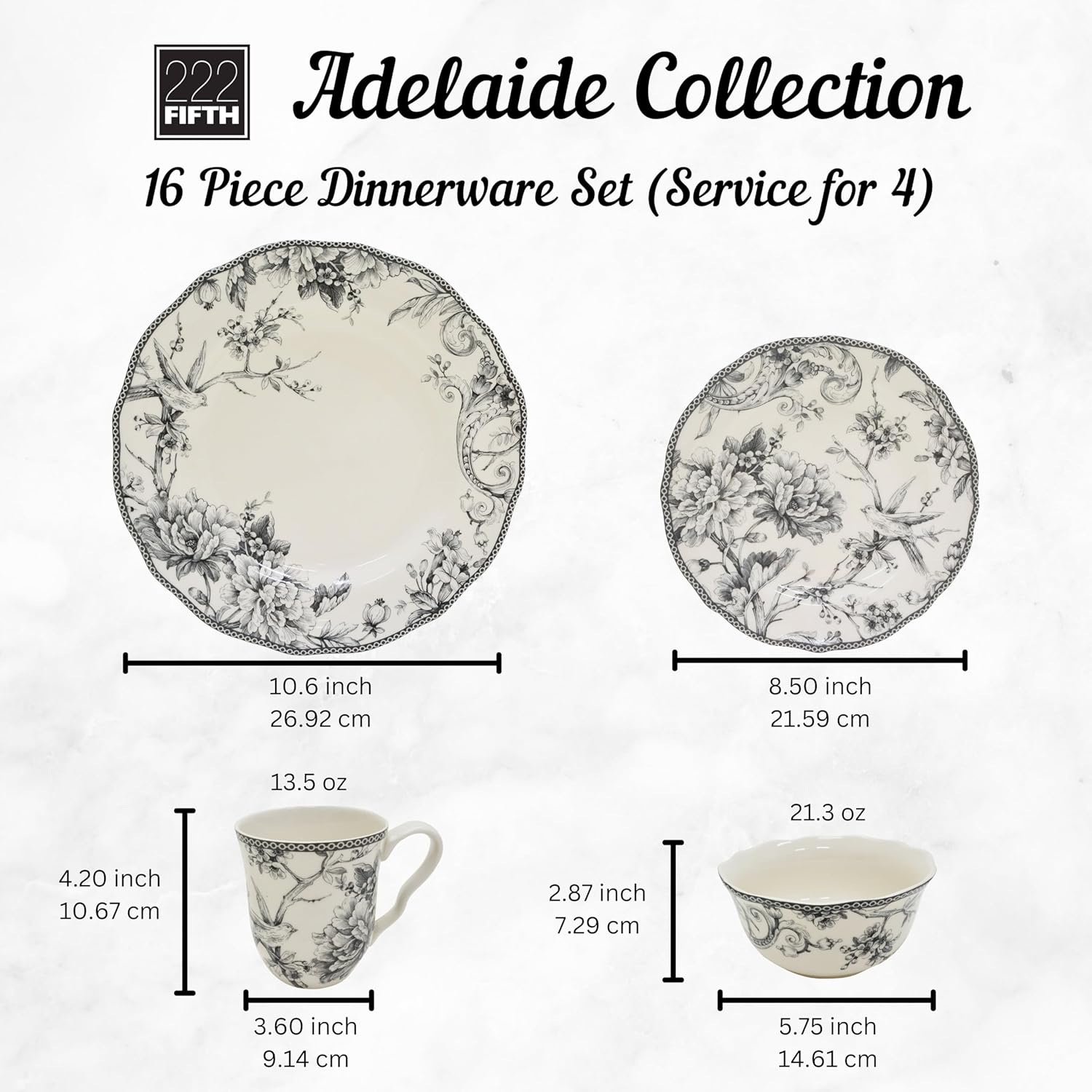 222 Fifth Adelaide 16-Piece Casual Grey Porcelain Dinnerware Set – Service for 4, Classic Toile Bird & Floral Design, Microwave & Dishwasher Safe, for Everyday Dining & Entertainment