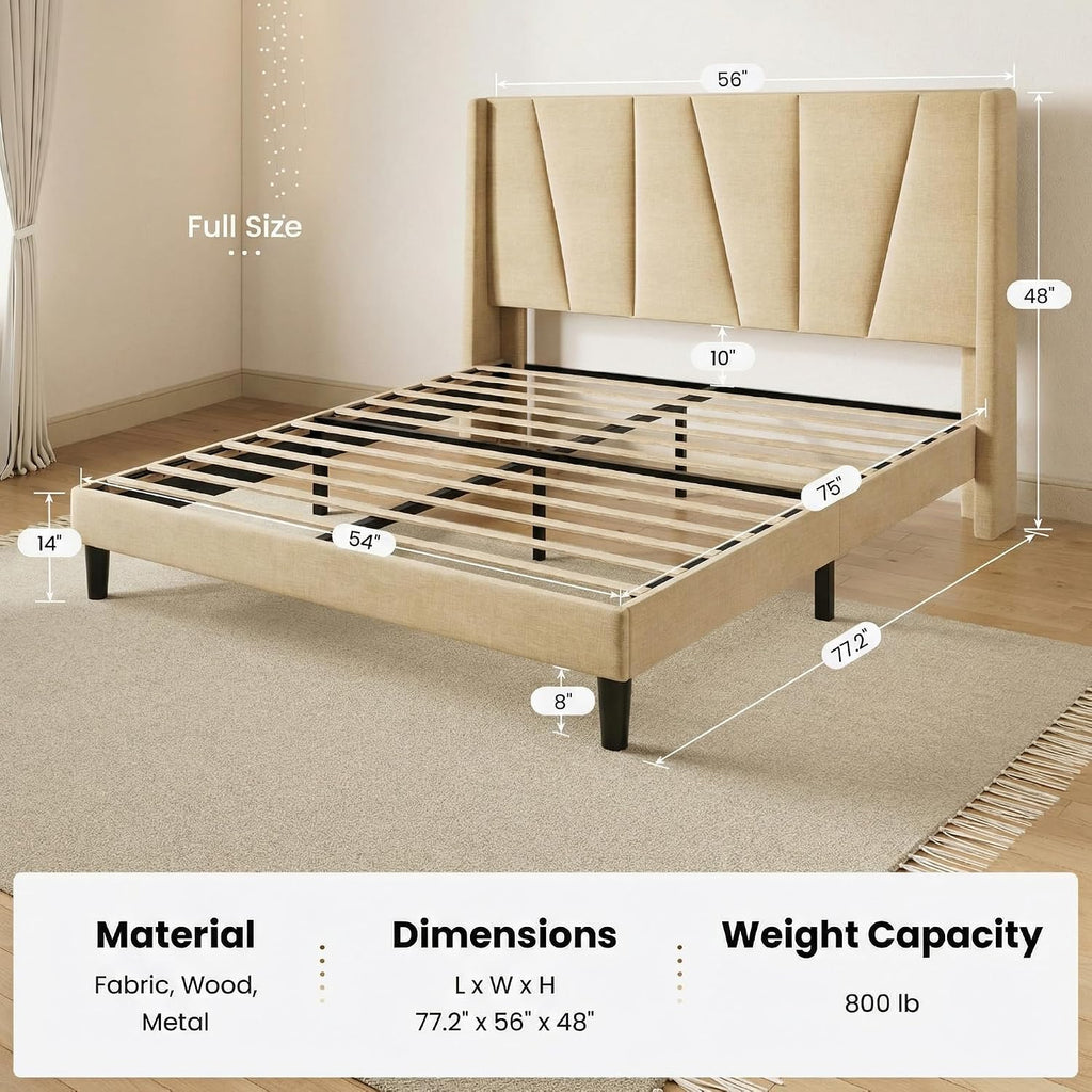 SHA CERLIN Full Size Bed Frame with Geometric Wingback Headboard, Upholstered Platform Bed with Wooden Slats Support, 8' Under-Bed Space, No Box Spring Needed, Easy Assembly, Beige