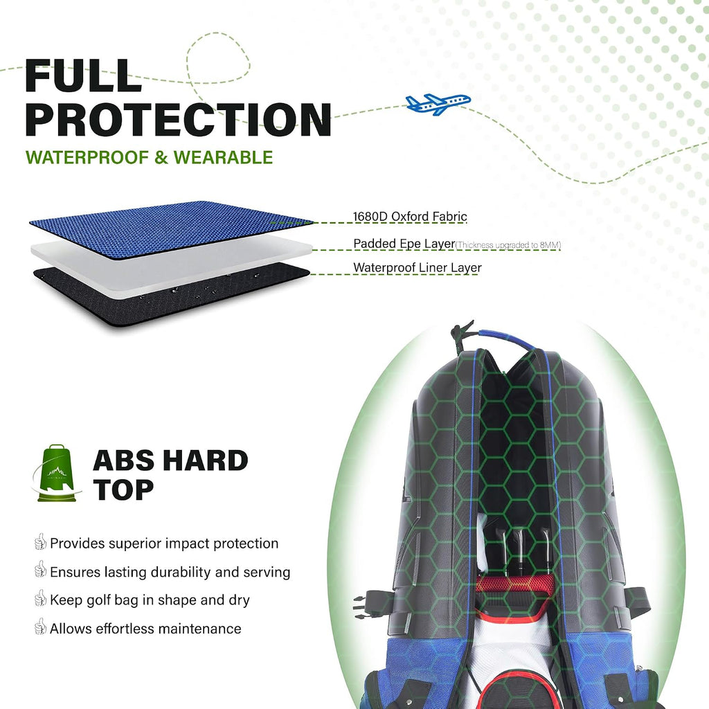 uniHimal Golf Travel Bag with Hard Case Top, 1680D Heavy Duty Oxford Golf Club Travel Bags for Airlines with Wheels Easy to Maneuver