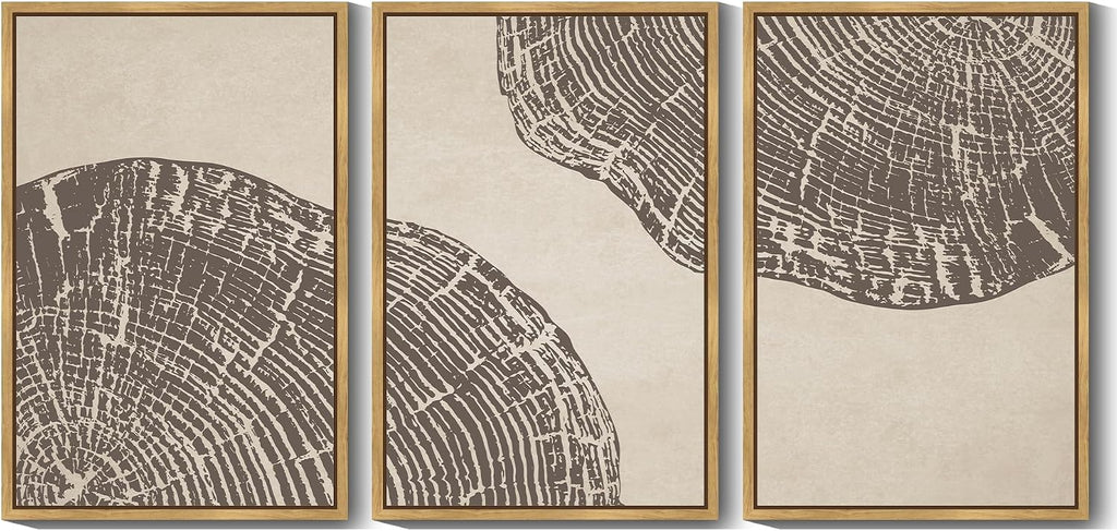 PHOPAGO Farmhouse Vintage Framed Wall Art Large 24x36in Set Gray Wood Tree Ring Spirals Nature Abstract Drawings Rustic Modern Art Decor for Living Room Bedroom - Natural Framed