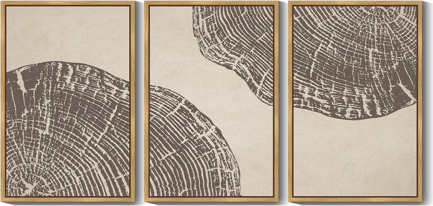 PHOPAGO Farmhouse Vintage Framed Wall Art Large 24x36in Set Gray Wood Tree Ring Spirals Nature Abstract Drawings Rustic Modern Art Decor for Living Room Bedroom - Natural Framed