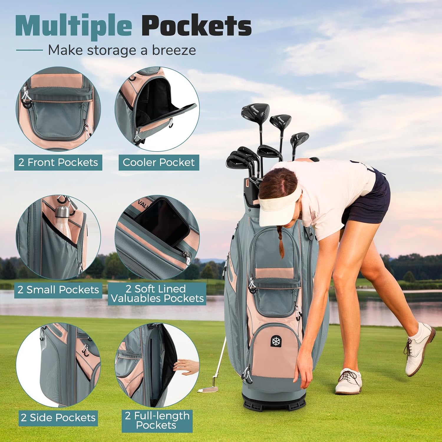 Goplus Lightweight Golf Cart Bag, Molded Lock Top Golf Club Bag w/14-Way Full Length Organizer Dividers, 11 Pockets, Cooler Bag, Straps, Umbrella Holder & Rain Hood for Men Women