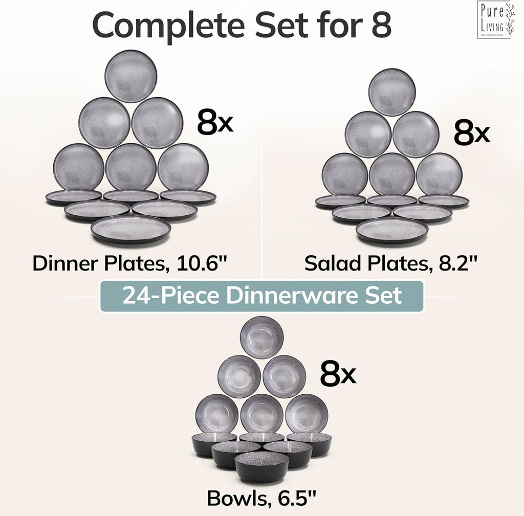 Stoneware dinnerware set 8 persons 24 pcs - Dishwasher, microwave and scratch resistant - Bowl and plate set 8 persons modern - Dinner service Pure Living black in gray…
