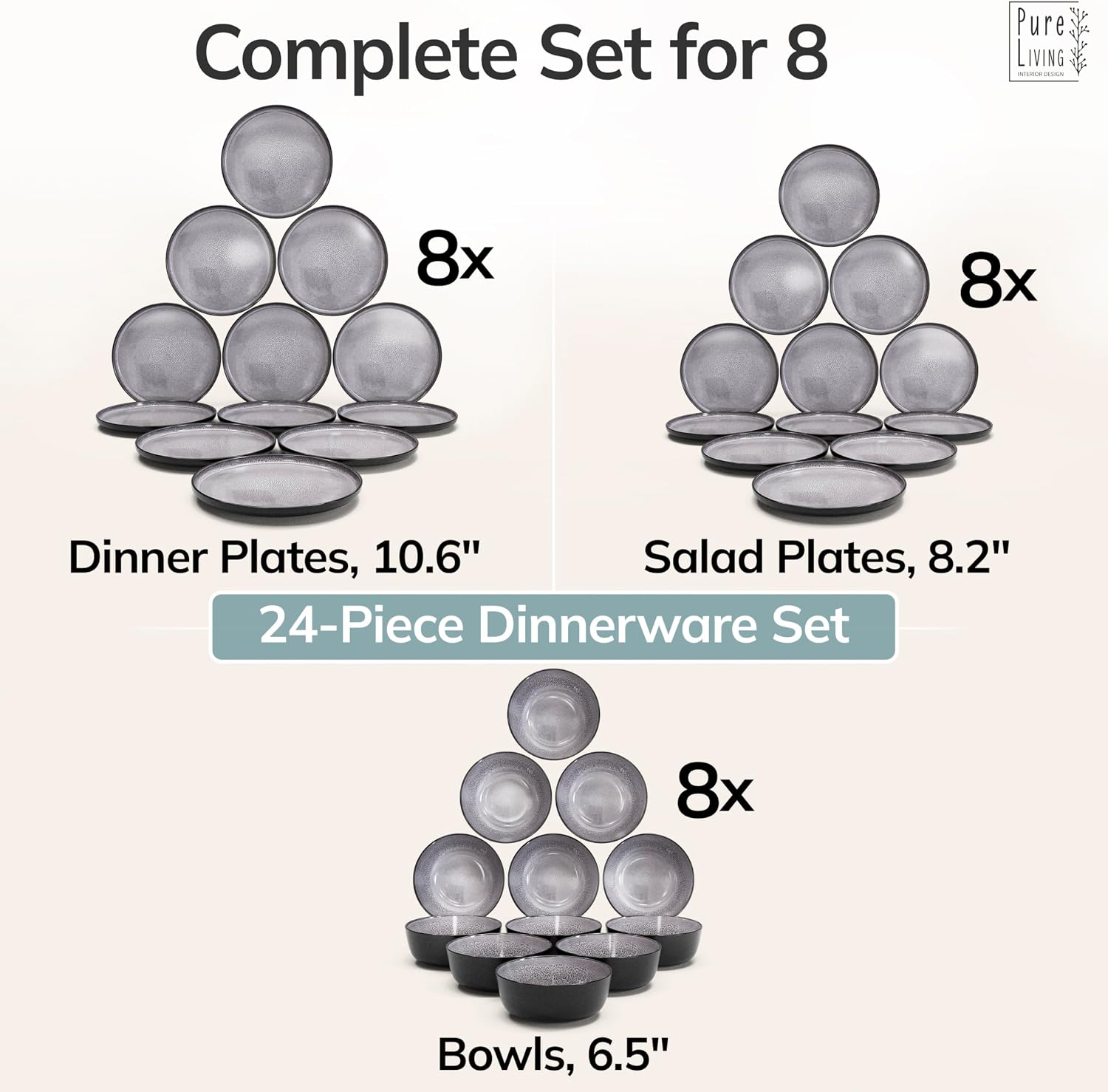 Stoneware dinnerware set 8 persons 24 pcs - Dishwasher, microwave and scratch resistant - Bowl and plate set 8 persons modern - Dinner service Pure Living black in gray…