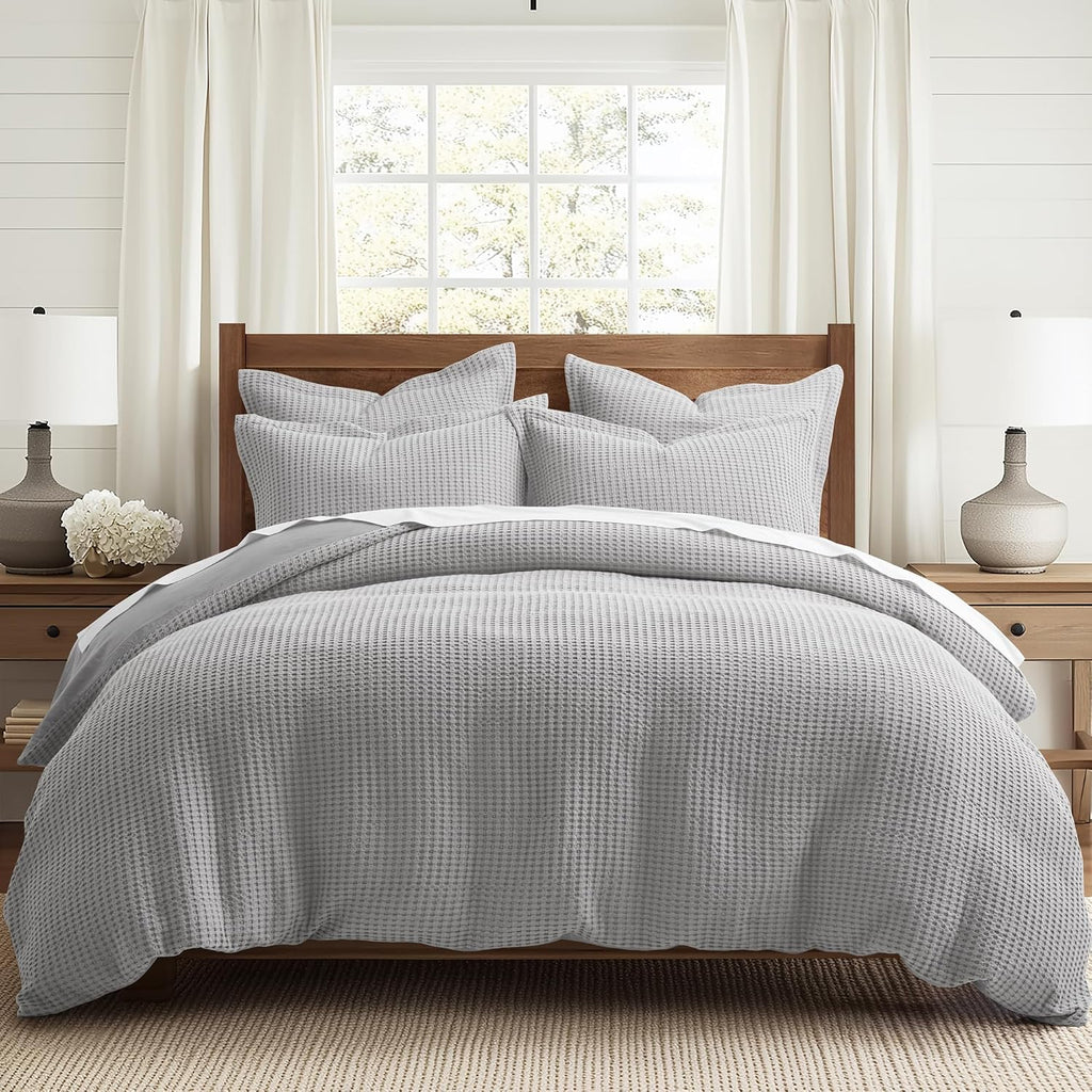 Levtex Home Mills Waffle King Duvet Cover Set (106x94in) with 2 Pillow Shams (36x20in) - Grey Pewter - Cotton King Size Duvet Cover Set - Soft, Pre-Washed