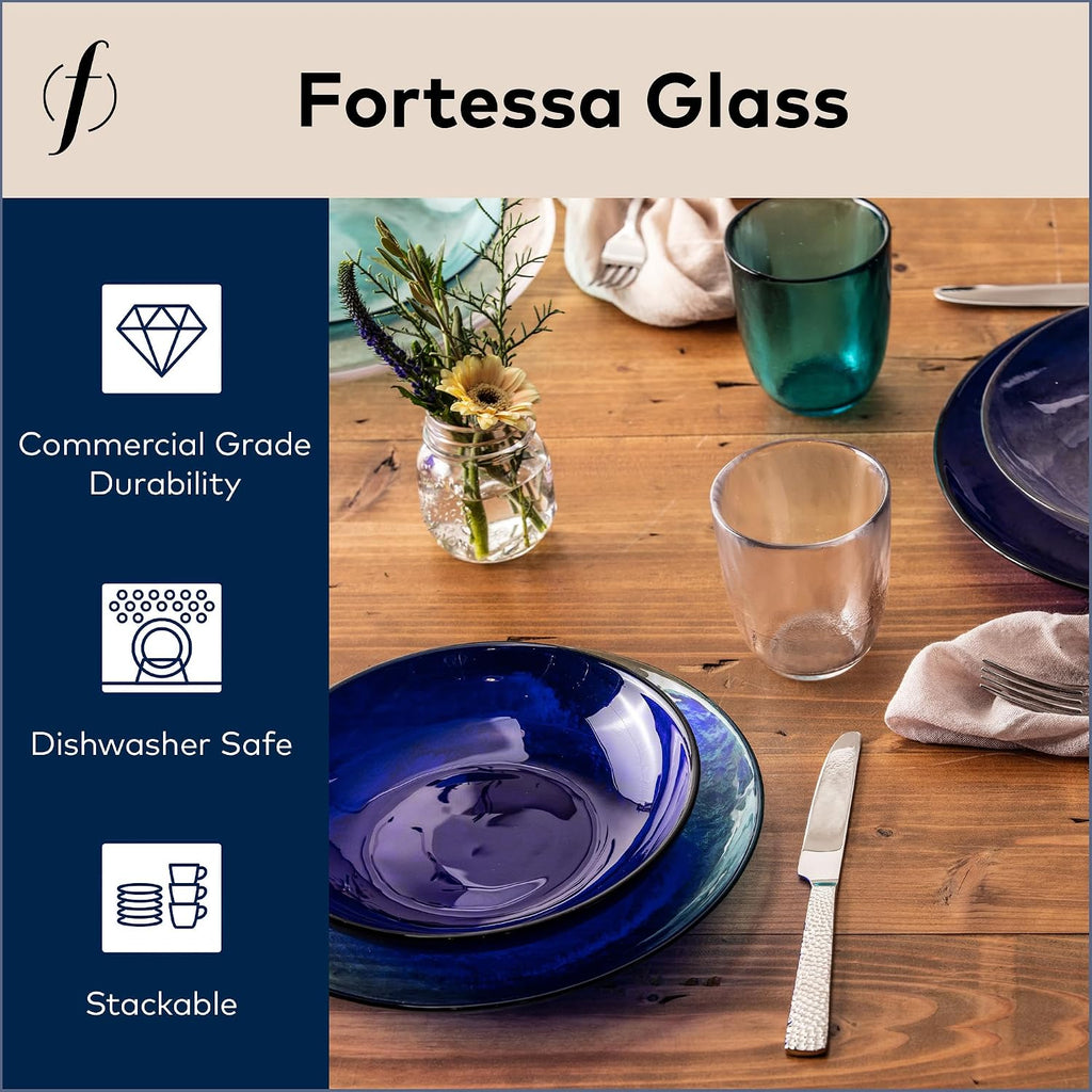 FORTESSA Los Cabos Tableware, 16-Piece Glass Dinnerware Set with 4 Dinner Plates, 4 Salad Plates, 4 Coupe Bowls and 4 Cereal Bowls, Dishwasher-Safe Glass Plate Set, Cobalt Blue