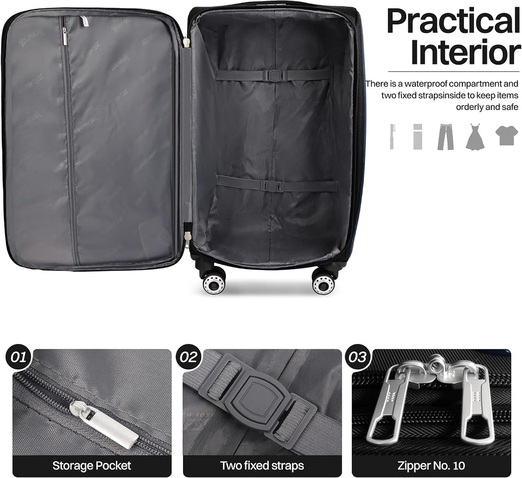 2-Piece Set Front Opening,Softside Luggage Sets w/Double Spinner Wheels Expandable Luggage,Lightweight Travel Luggage Rolling Suitcase w/LOCK（Black-Burgundy,20in/28in）