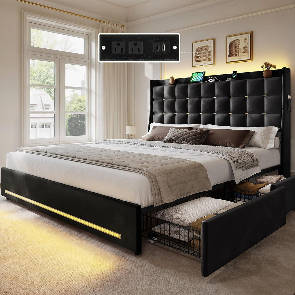 DWVO Queen Size Bed Frame with 4 Drawers and RGB LED Lights, Velvet Upholstered Platform Bed with Charging Station and Storage Headboard, No Box Spring Needed, Easy Assembly, Noise-Free, Black