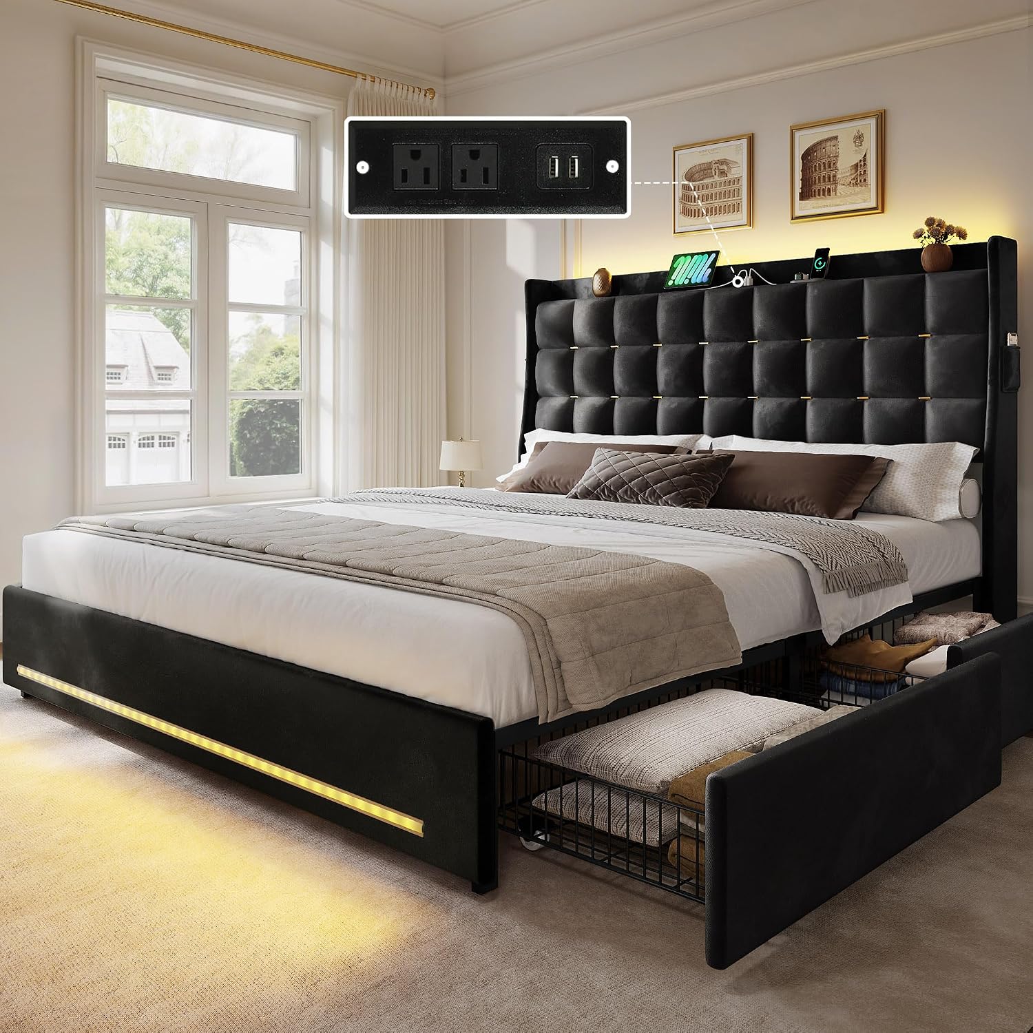 DWVO Queen Size Bed Frame with 4 Drawers and RGB LED Lights, Velvet Upholstered Platform Bed with Charging Station and Storage Headboard, No Box Spring Needed, Easy Assembly, Noise-Free, Black
