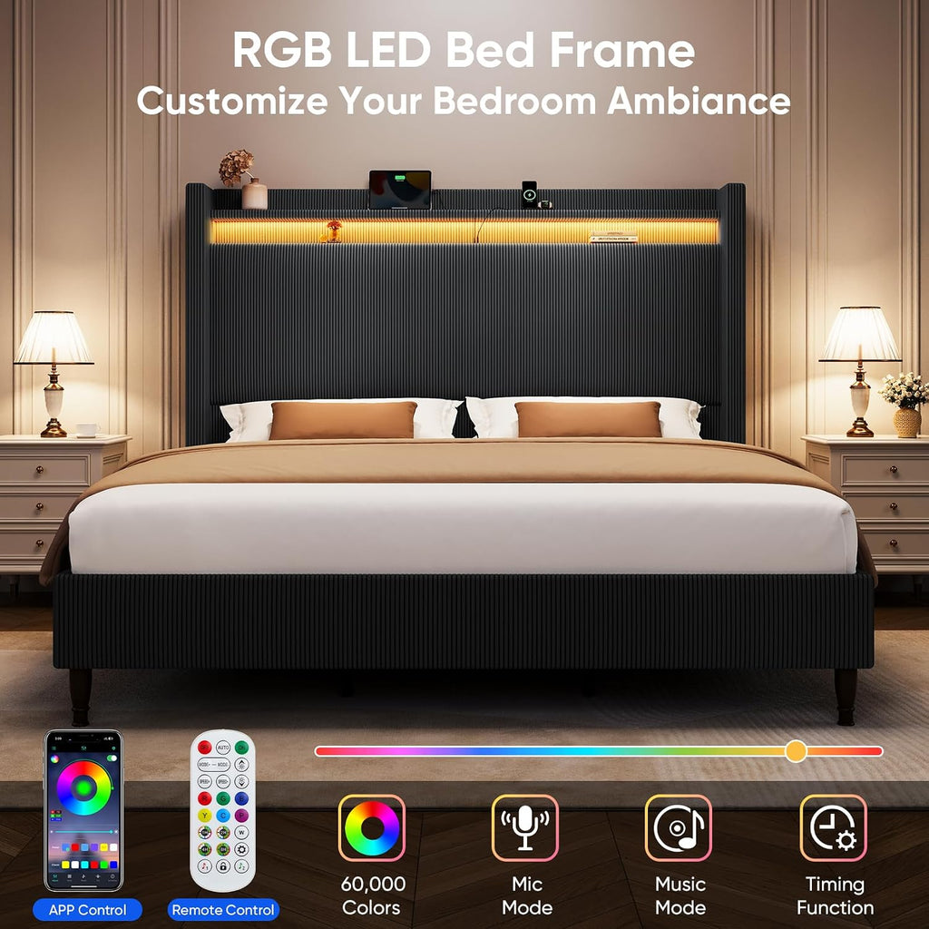 King Size Bed Frame with Tall Headboard, 55.3' Corduroy Upholstered Platform Bedframe with LED Lights & Charging Station, King Beds Wingback Storage Headboard, No Box Spring Needed, Wood Slats, Black