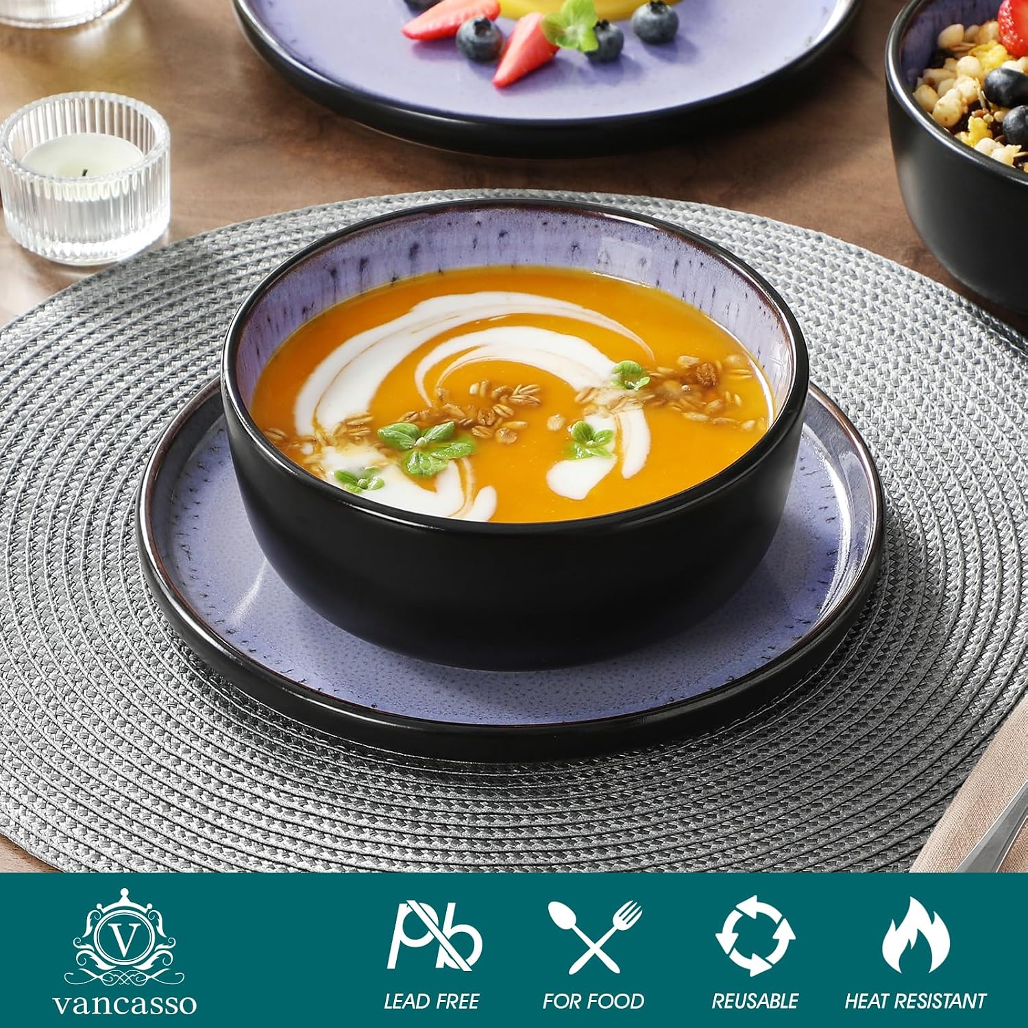 vancasso Plates and Bowls Sets, 24 Pieces Stoneware Dinnerware Sets for 8, Kitchen Dish Set Mircowave and Dishwasher Safe Ceramic Dishware, Purple, Series AMBER