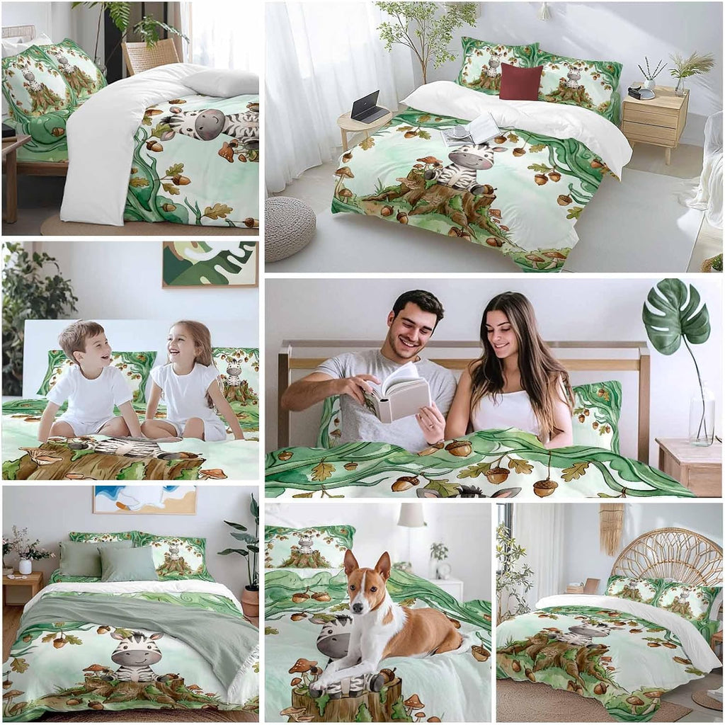 Cartoon Small Zebra Duvet Cover Set Queen Size 4 Pieces Watercolor Forest Animal Acorn Green Tree Bedding Set with Zipper Closure, 1 Comforter Cover 86x86 Inches 1 Flat Sheet & 2 Pillow Cases