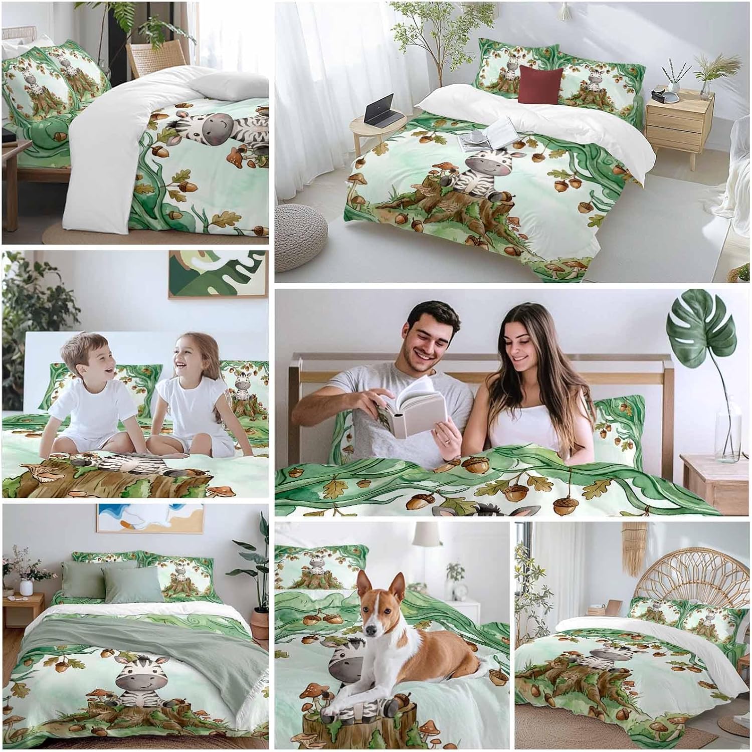 Cartoon Small Zebra Duvet Cover Set Queen Size 4 Pieces Watercolor Forest Animal Acorn Green Tree Bedding Set with Zipper Closure, 1 Comforter Cover 86x86 Inches 1 Flat Sheet & 2 Pillow Cases