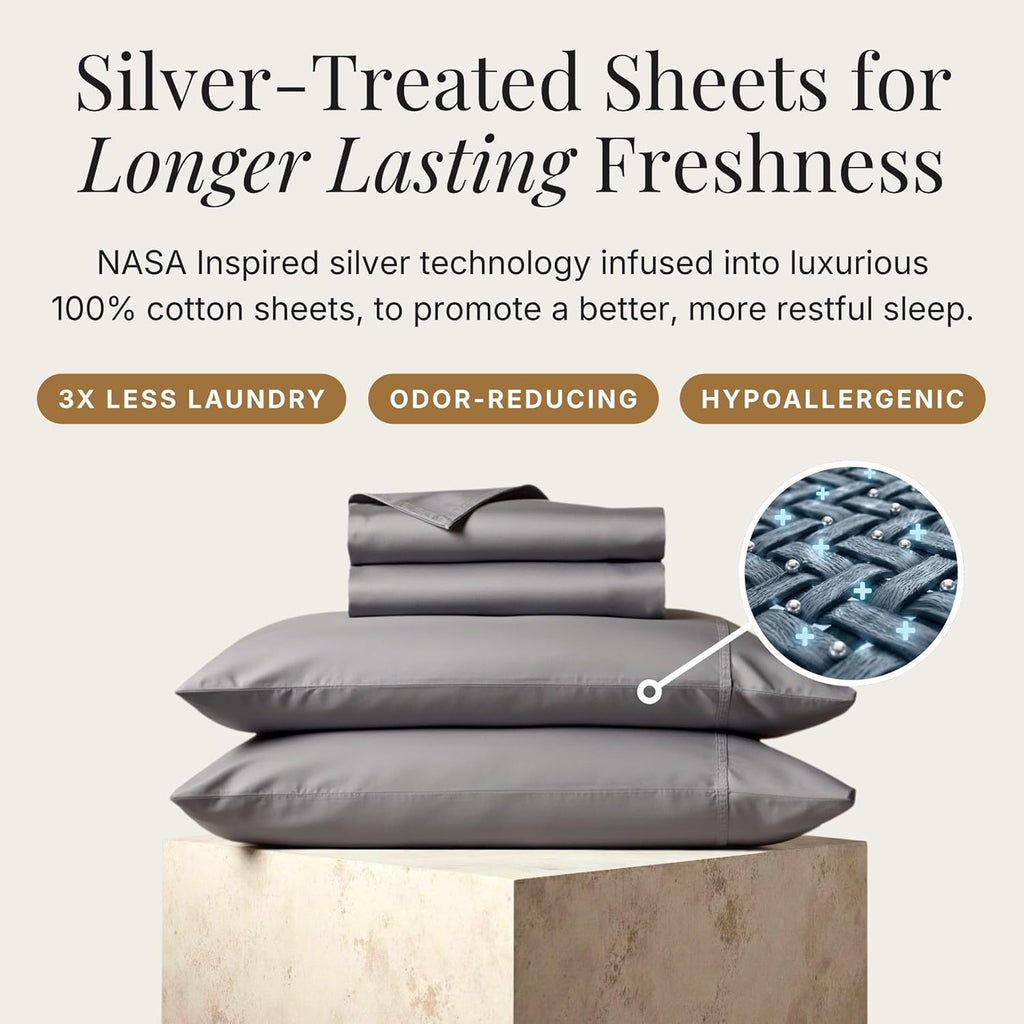 Miracle Made Breathable Cotton Bed Sheets, 4-Piece Set – Silver-Treated, Soft and Cool-to-the-Touch Lightweight Bedding Designed for Hot Sleepers – Cali King Size, Stone