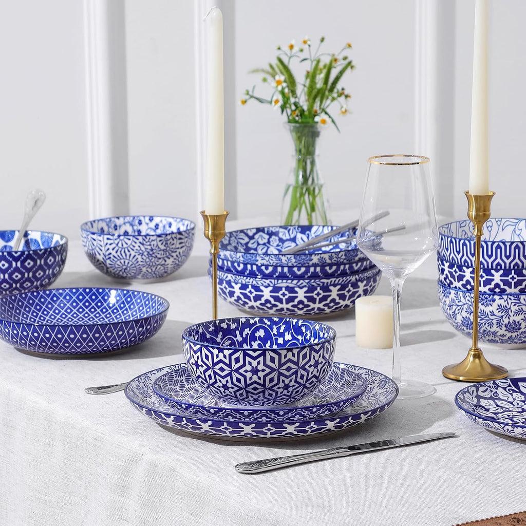 Selamica Ceramic Plates and Bowls Sets,32 Pieces Dinnerware Sets for 8,Scratch Resistant Dish Set for family gathering,Dishwasher & Microwave Safe, Vintage Blue