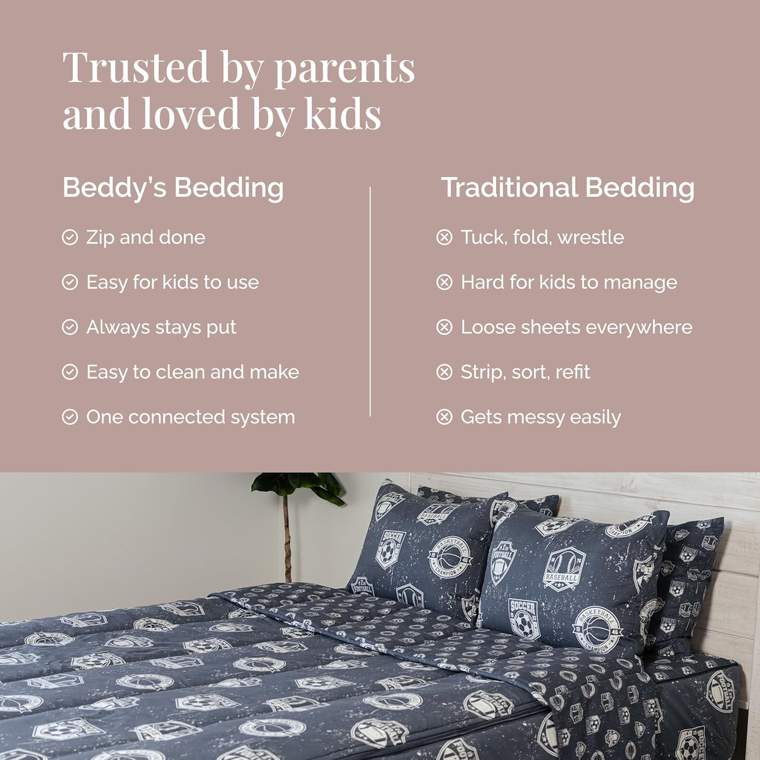 Beddy's Sports Theme Durable Zipper Bedding for Kids - Bed in a Bag - Blue Sheets with Baseball, Football, Basketball, Soccer Comforter - Includes Pillowcase & Sham - Easy to Make & Wash - Twin