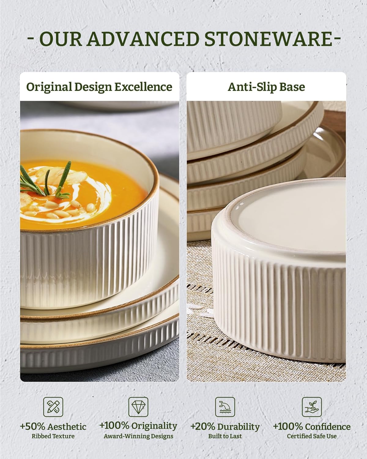 Famiware Star 24-Piece Stoneware Dinnerware Sets with Trim, Service for 8 - Ceramic Plates and Bowls Set, Ribbed Dishes with High Edge, Chip & Scratch Resistant, Microwave & Dishwasher Safe, Cream
