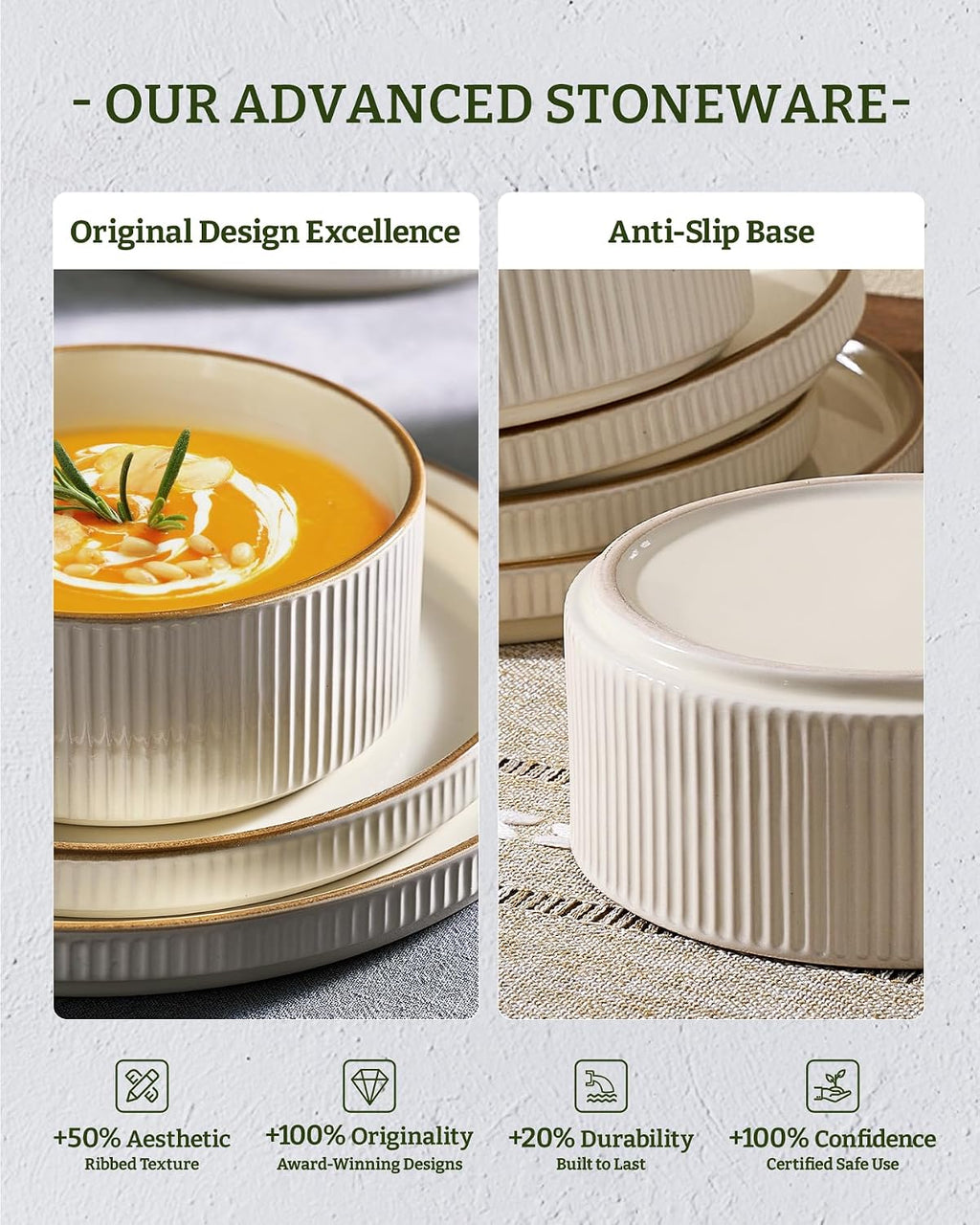 Famiware Star 18-Piece Stoneware Plates and Bowls Sets, Service for 6, Ceramic Dinnerware with Trim, Modern Rustic Dishes for Everyday/Formal, Chip/Scratch Resistant, Microwave/Dishwasher Safe, Cream