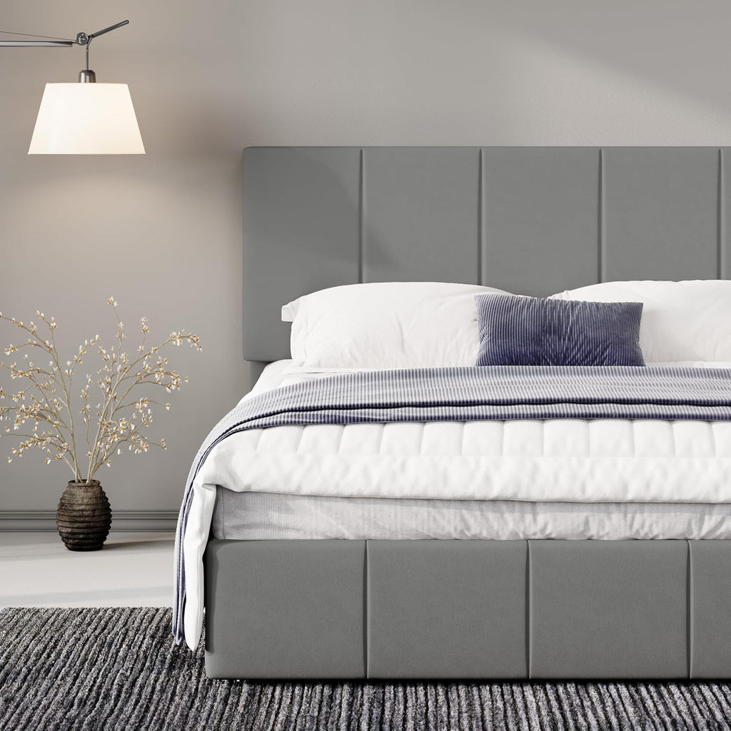 Allewie Full Size Dutch Velvet Upholstered Platform Bed Frame/Vertical Channel Tufted Adjustable Headboard/Low Profile Bed Frame/No Box Spring Needed/Easy Assembly/Grey