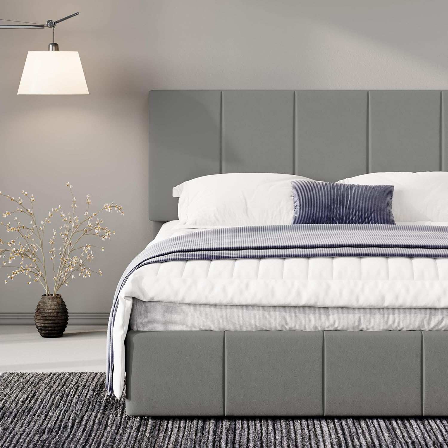 Allewie Full Size Dutch Velvet Upholstered Platform Bed Frame/Vertical Channel Tufted Adjustable Headboard/Low Profile Bed Frame/No Box Spring Needed/Easy Assembly/Grey