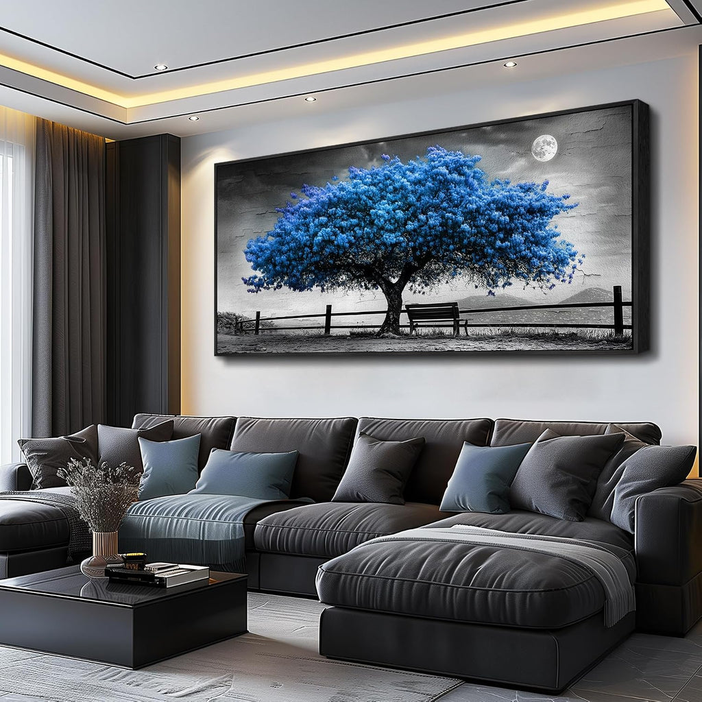 FUHAIHUA Canvas Wall Art For Living Room Large Wall Decor For Office Bedroom Decorations Black And White Landscape Pictures Blue Tree Painting Artwork Room Wall Mural Aesthetic Home Decor 32x72 In