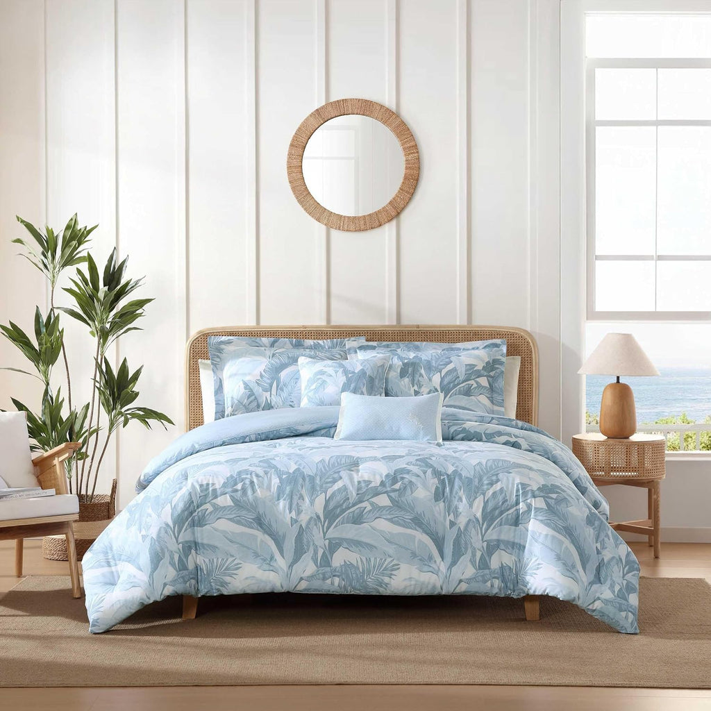 Tommy Bahama - Queen Comforter Set, 100% Cotton Slub Fabric with Soft Breathable Texture, 5 Piece Bed Set with Matching Pillowcases & Bonus Throw Pillows (Palm Serenity Blue)