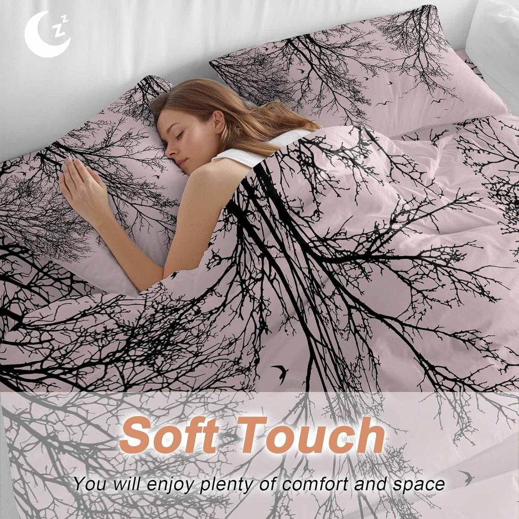 Prime Leader Tree Branches Bird Duvet Cover Set Queen Size 4 Pieces Pink Background Black Deadwood Bedding Set with Zipper Closure, 1 Comforter Cover 86x86 Inches 1 Flat Sheet & 2 Pillow Cases