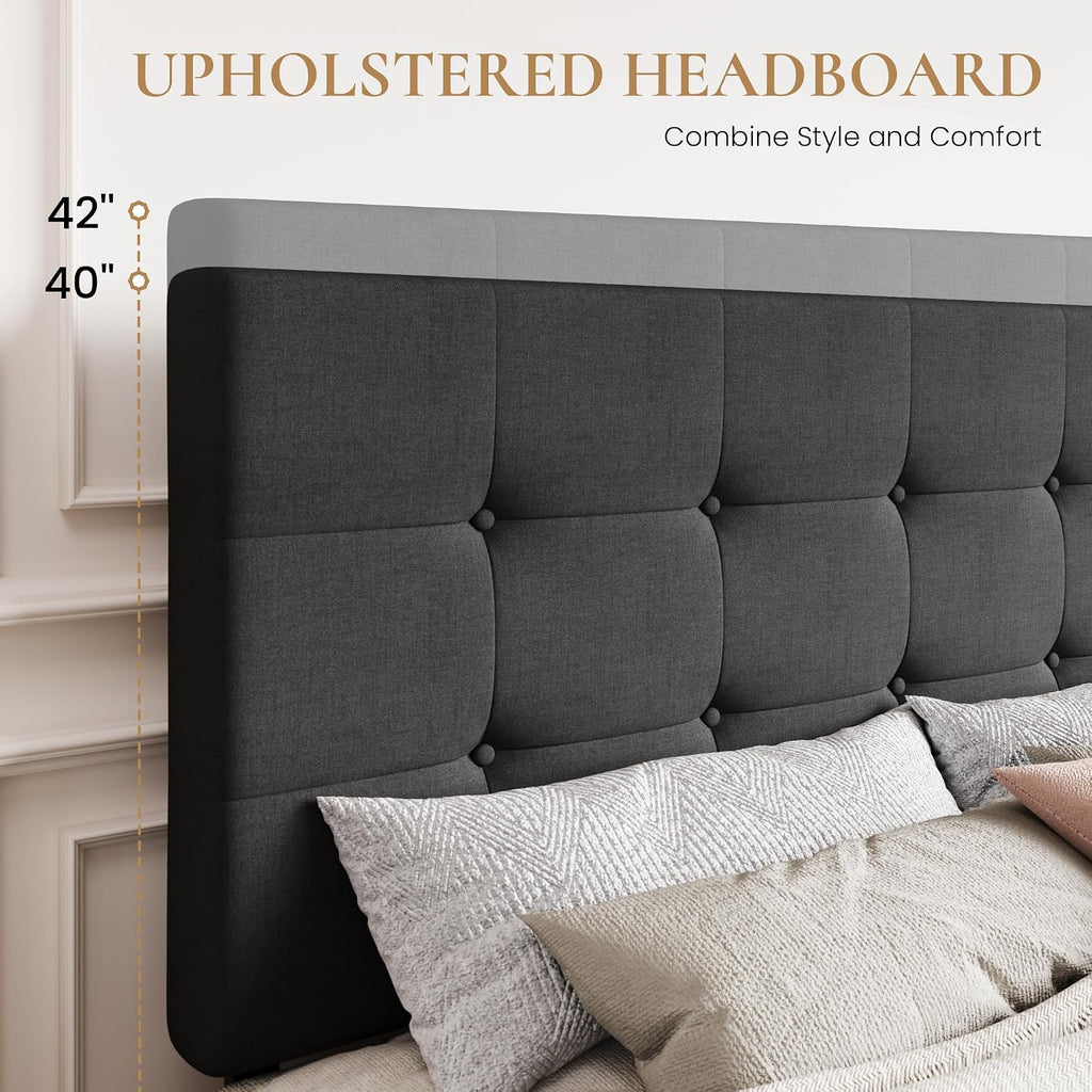 SHA CERLIN Upholstered King Size Platform Bed Frame with 4 Storage Drawers, Adjustable Headboard with Square Stitched Button Tufted Design, Wooden Slat Support, No Box Spring Needed, Dark Grey