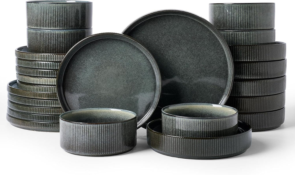 Famiware Star 24-Piece Stoneware Dinnerware Sets, Service for 6 - Shallow Pasta Bowls & Flat Plates, Modern Rustic Reactive Glaze Dishes, Chip/Scratch Resistant, Microwave/Dishwasher Safe, Deep Forest