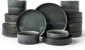 Famiware Star 24-Piece Stoneware Dinnerware Sets, Service for 6 - Shallow Pasta Bowls & Flat Plates, Modern Rustic Reactive Glaze Dishes, Chip/Scratch Resistant, Microwave/Dishwasher Safe, Deep Forest