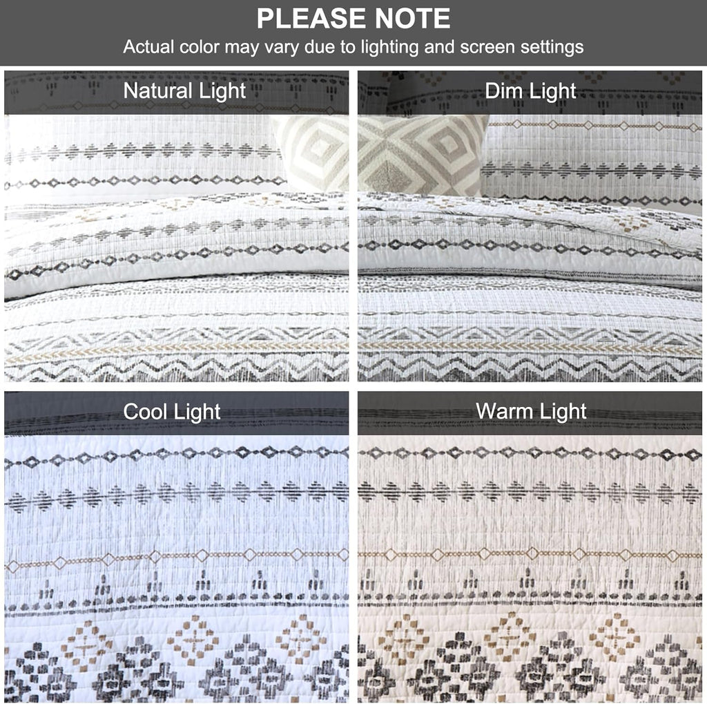 SahSahCasa Quilt King Size, Set, 100% Cotton Boho Quilt, Bedding Set Bedspreads, Bohemian Reversible Lightweight Striped Quilts Bedspread for All Season, White/Grey, 3 Pieces