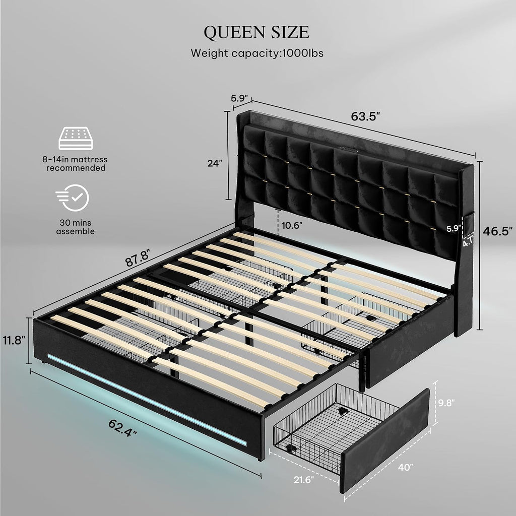 DWVO Queen Size Bed Frame with 4 Drawers and RGB LED Lights, Velvet Upholstered Platform Bed with Charging Station and Storage Headboard, No Box Spring Needed, Easy Assembly, Noise-Free, Black
